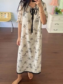 DAZY 印花撞色系带荷叶边长款女士睡袍睡衣，宽松睡裙 - 米色 - 查看 3