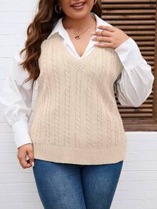 Áo vest dệt kim màu trơn cổ chữ V cỡ lớn dành cho nữ, phong cách sinh viên, thích hợp cho mùa tựu trường, mùa thu/đông - Màu be - Xem 4