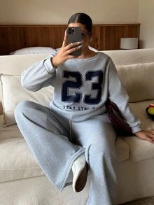Dripcurv Plus Size Street Fashion Plus Size Number Printed Thermal Lined Sweatshirt And Sweatpants 2 Pieces Set, Suitable For Autumn/Winter - Light Grey - View 2