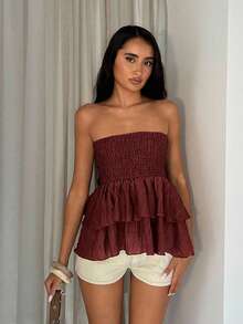 Glamine Textured Pleated Fabric Elastic Bandeau Top With Ruffle Hem Tube Top Shirred Tube Top - Redwood - View 5