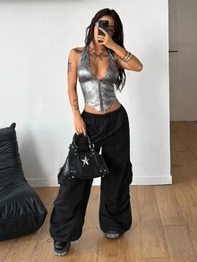 Coolane 女士全季音乐会狂欢节外出夜生活文艺复兴博览会俱乐部派对嬉皮音乐节银色拉链背心 - 銀色 - 查看 6