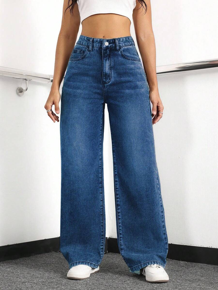 EURMUSE Women's Loose Fit Casual Denim Jeans With Side Pockets And Wide-Leg Design - Dark Wash - View 1