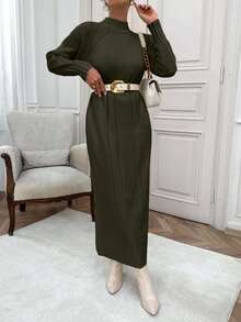 EURMUSE Damen Maxikleid mit hohem Kragen, Drop Shoulder und kuscheliger Passform - Armeegrün - Übersicht 4