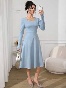 Modelyn Elegant Fashionable Square Neck Ruffle Hem Suede Baby Blue Women's Mid-Length Dress - Blue - View 4