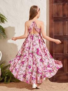 SHEIN 少女連身裙，適用於渡假度假，後系帶無袖花朵印花設計 - 粉色 - 查看 2