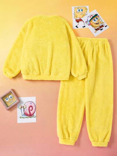 SpongeBob SquarePants | SHEIN 少女卡通刺绣圆领长袖上衣和珊瑚绒裤睡衣套装，适合秋冬季