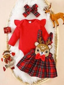 SHEIN Newborn Baby Girl Autumn/Winter Christmas Holiday Cute Cartoon Deer Suspender Plaid Skirt With Bow Knot And Red Long Sleeved Bodysuit Forehead And Headband Holiday Style Cute Fabric Comfortable Fall - Red - View 5