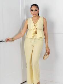 Melissa Matos 欧美风夏季新款粉色条纹系带简约直筒裤女两件套 - 黃色 - 查看 3