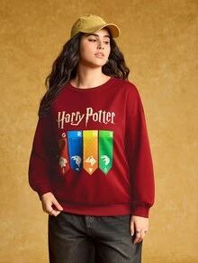 HARRY POTTER X SHEIN Plus Size Letter Graphic Color Block Round Neck Long Sleeve T-Shirt - Multicolor - View 4