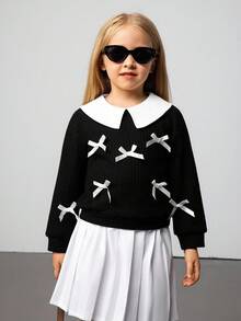 Young Girl Casual Cute School Style Contrast Color Peter Pan Collar Bow Decor Drop Shoulder Loose Sweatshirt, Autumn/Spring Black And White Long Sleeve Sweatshirt With Bows - Black - View 4