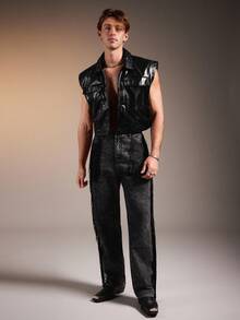 FeverCity 男式纯色 PU 皮革休闲背心，带口袋，秋冬 - 黑色 - 查看 4