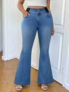 SHEIN Tall CURVE Plus Size Blue Summer Smart Casual Everyday Women's Slim Fit Flare Leg Jeans,Washed Denim Work Clothes For Teacher,Vintage Streetwear Modest Pants - Blue - View 7