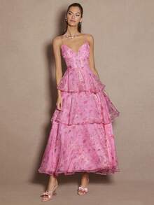 Enchnt Women's Floral Print Layered Ruffle Hem Elegant Spaghetti Strap Dress - Pink - View 4