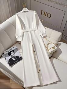 SHEIN Franclia 女士白色优雅修身V领长袖连体裤，适合通勤、秋冬夏季假期阳光之旅，营造度假氛围，全白服装，适合大学秋季穿着。 - 白色 - 查看 2