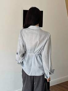 Livesso Women's Autumn Oblique Collar Tie-Up Striped Casual Shirt Long Sleeve Top