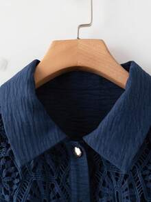 EMERY ROSE Women's Loose Casual Mesh Patchwork Turndown Collar Long Sleeve Shirt + Loose A-Line Skirt Plus Size 2 Pieces Set, Autumn/Winter Fall Cloth For Women - Blue - View 4