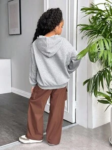 2 件套青少年女孩休闲运动服，宽松长袖连帽运动衫 + 宽松工装裤套装，秋冬日常运动装 - 彩色 - 查看 2