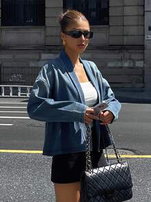 DAZY 时尚高端V领牛仔束腰外套，蓝色夹克