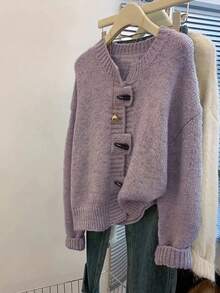 SHEIN Clasi 大码女士休闲度假时尚简约牛角扣设计紫色针织毛衣开衫适合秋冬穿着 - 紫色 - 查看 1