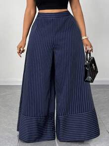 Maweii Pantalones de pierna ancha a rayas de Boston para mujer de talla grande - Azul Marino - Ver 3
