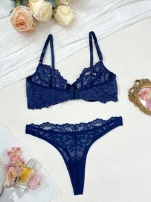 SHEIN French Floral Lace Romantic Elegant Bra + Thong Lingerie Set, Sexy Women's Underwear - Navy Blue - View 6