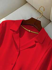 Franclia Women Casual Solid Color Lapel Short Sleeve Blouse For Summer Clothes For University - Red - View 3