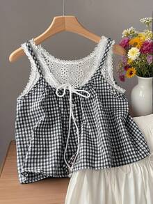 2025 Women's Fashion Plaid Print Hollow Embroidery Fashionable Top - Black and White - View 3