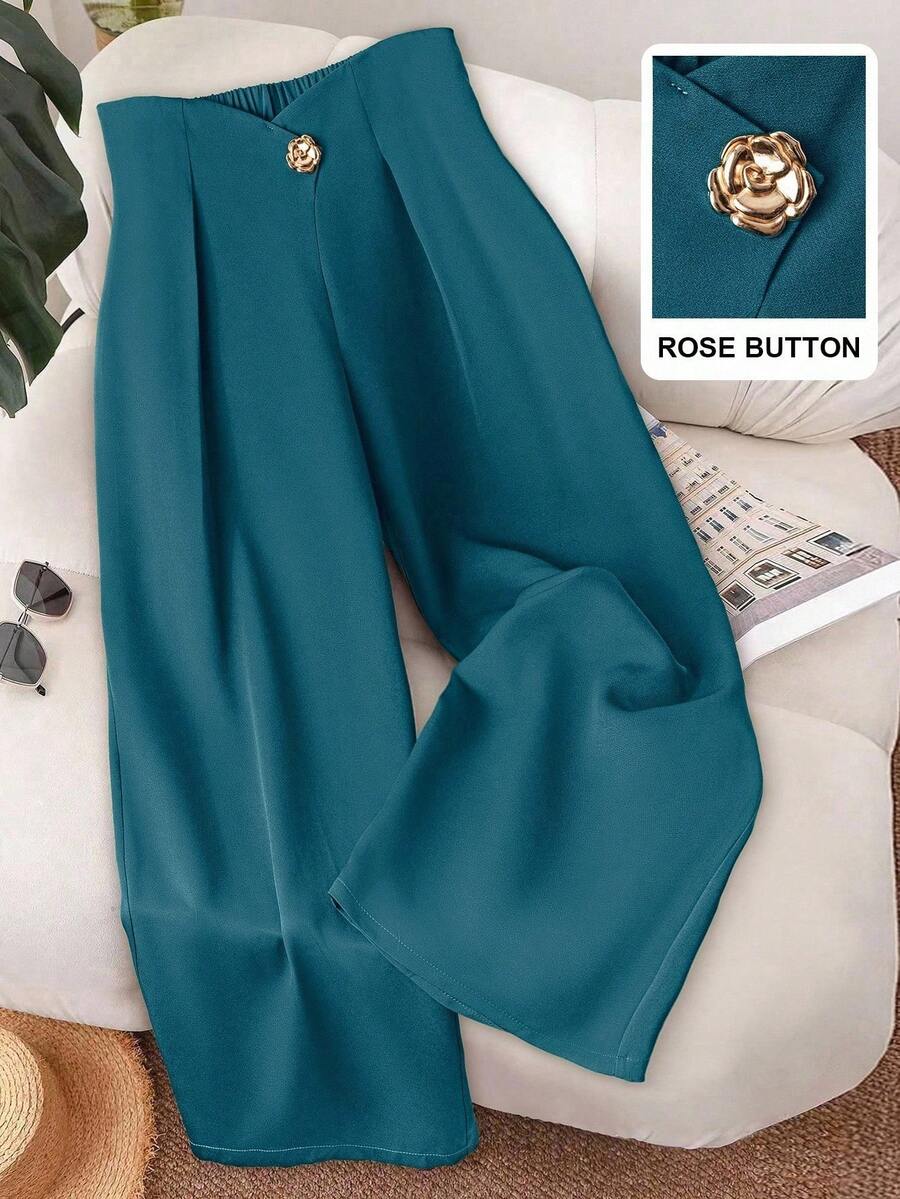 GlowEve CURVE Plus Size Women's Elegant 3D Floral Patterned Vest Suit, Fashion Decorative Button Blazer And Trousers For Commuting Winter Fall Autumn - Teal Blue - View 1