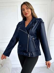 EURMUSE Women's Street Fashion Motorcycle PU Leather Zip-Up Jacket - Navy Blue - View 3