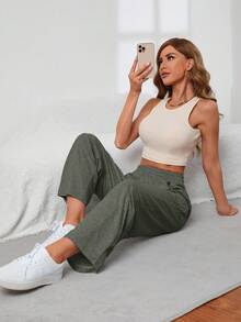 INAWLY Quần nỉ cạp chun túi xéo màu trơn đơn giản dành cho nữ - xanh quân đội - Xem 3