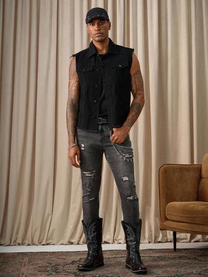 RivetRise Men's Grey Elastic Distressed Skinny Jeans, Mature Street Style Boyfriend & Husband Ripped Black For Slim Fit Street Halloween All Saints' Day