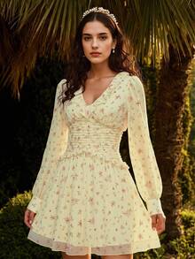 Lucivie Váy ngắn thắt eo in họa tiết cổ chữ V thanh lịch thời trang dành cho nữ - Hồng - Xem 1