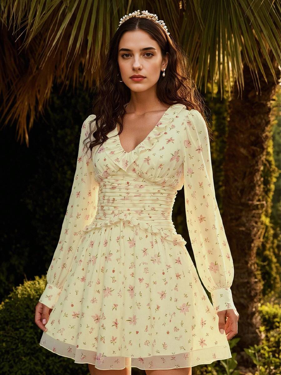 Lucivie Váy ngắn thắt eo in họa tiết cổ chữ V thanh lịch thời trang dành cho nữ - Hồng - Xem 1