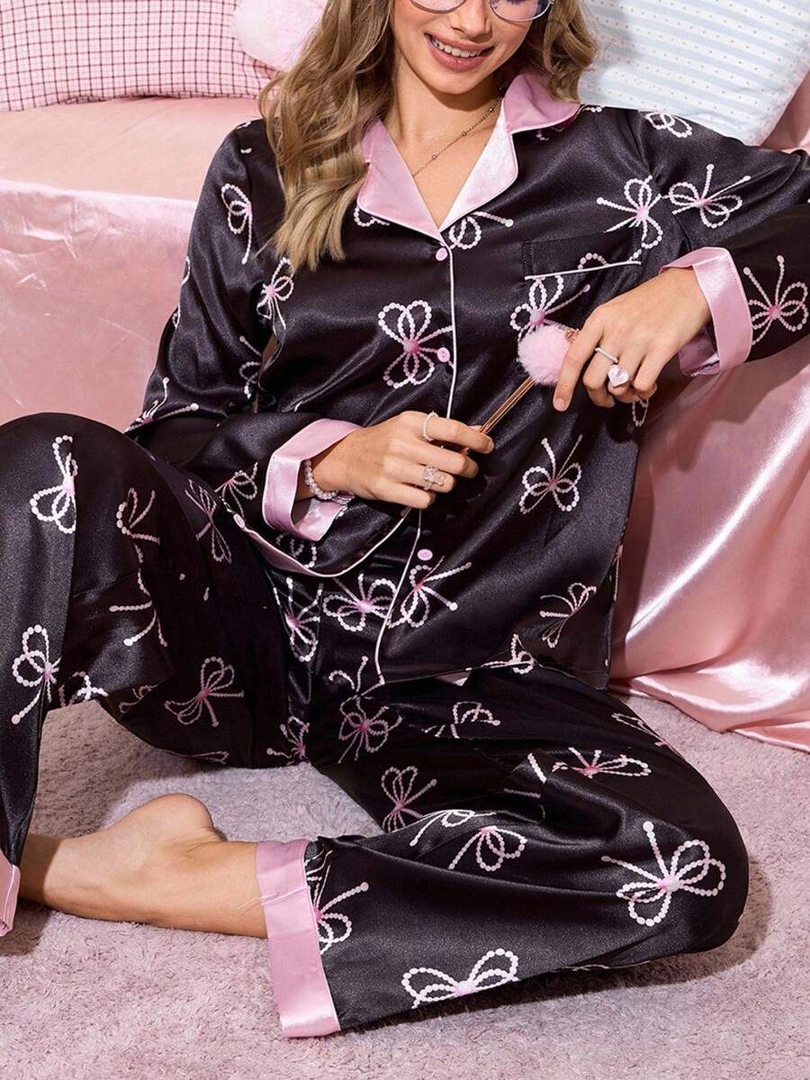 珍珠蝴蝶结印花长袖领女士睡衣套装丝质睡衣套装黑色睡衣套装，秋季服装 - 彩色 - 查看 1