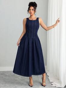 Elenzga Robe en jean longue plissée décontractée sans manches pour femmes