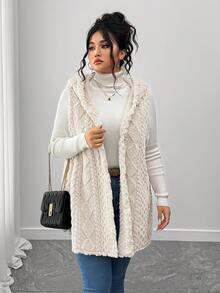 SHEIN CURVE+ Plus Size Sleeveless Hooded Coral Fleece Jacket, Autumn/Winter Fall - Apricot - View 4