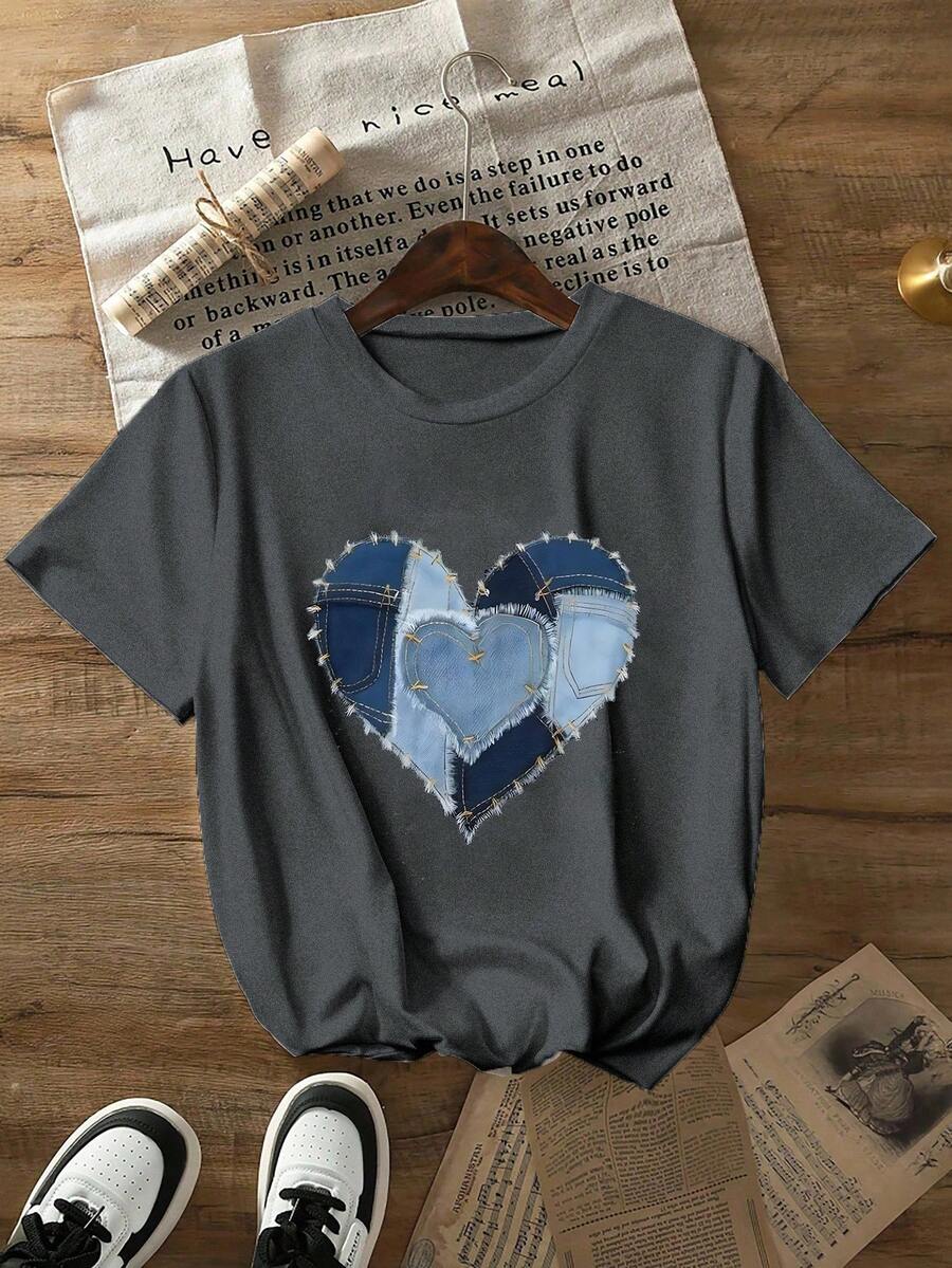 女式休闲修身针织短袖套头 T 恤 - 灰色 - 查看 1