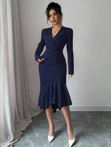 Elenzga 新款女士节日中长连衣裙，西装领长袖不对称鱼尾下摆收腰连衣裙，适合日常穿着、约会、聚会、郊游 - 寶藍色 - 查看 5