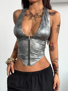 Coolane 女士全季音乐会狂欢节外出夜生活文艺复兴博览会俱乐部派对嬉皮音乐节银色拉链背心 - 銀色 - 查看 2