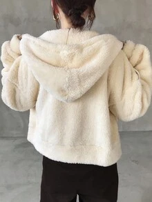 FRIFUL 女士米色纯色连帽抽绳落肩长袖羊羔绒宽松休闲百搭抓绒卫衣，秋季外套，冬季