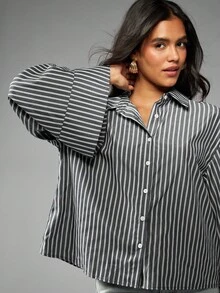 MISSGUIDED 女式超大号纽扣条纹长袖翻领衬衫宽袖口经典办公室商务休闲秋冬衬衫上衣 - 黑色 - 查看 4