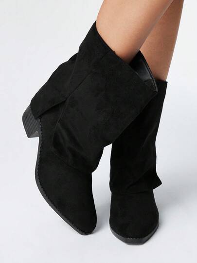 Goth Stivali neri da donna con punta affusolata e slip-on, stivali da equitazione con tacco chunky, stivali da motociclista con tacco basso, stivali al polpaccio