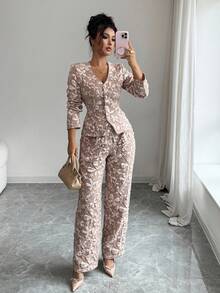 Elenzga 女士提花长袖衬衫，V领，优雅修身套装 - 棕色 - 查看 3