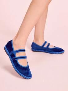 CUCCOO DOLLMOD Women's Navy Blue Elegant Velvet Classic Comfortable Velvet Parallel Double Strap Mary Jane Flat Shoes - Royal Blue - View 8
