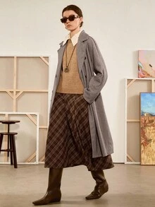 Almamuse Women's Autumn/Winter Herringbone Lapel Double-Breasted Belted Loose Long Coat