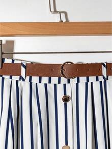 Franclia Casual Fashionable Versatile Elastic Waist With Brown Leather Belt Pleated Maxi Skirt - Navy Blue - View 5