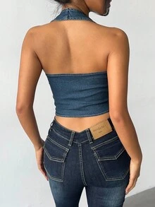 Aloruh Zip Up Halter Neck Backless Denim Top