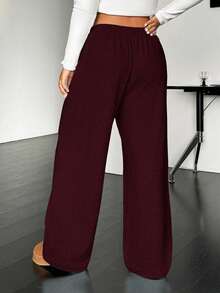 SHEIN EZwear Plus Size Casual Drawstring Waist Loose Straight Leg Pants - Burgundy - View 2
