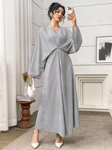 SHEIN Najma Váy kẻ sọc dài tay dáng rộng, thắt nút sau lưng kiểu chéo dành cho nữ - Đen và trắng - Xem 8