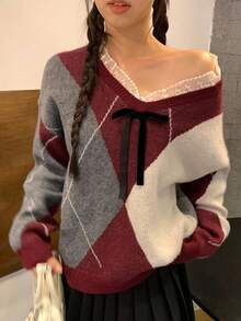 DAZY Women's V-Neck Lace Patchwork Loose Collegiate Argyle Colorblock Pullover Sweater, Casual School Style For Christmas Fall/Winter